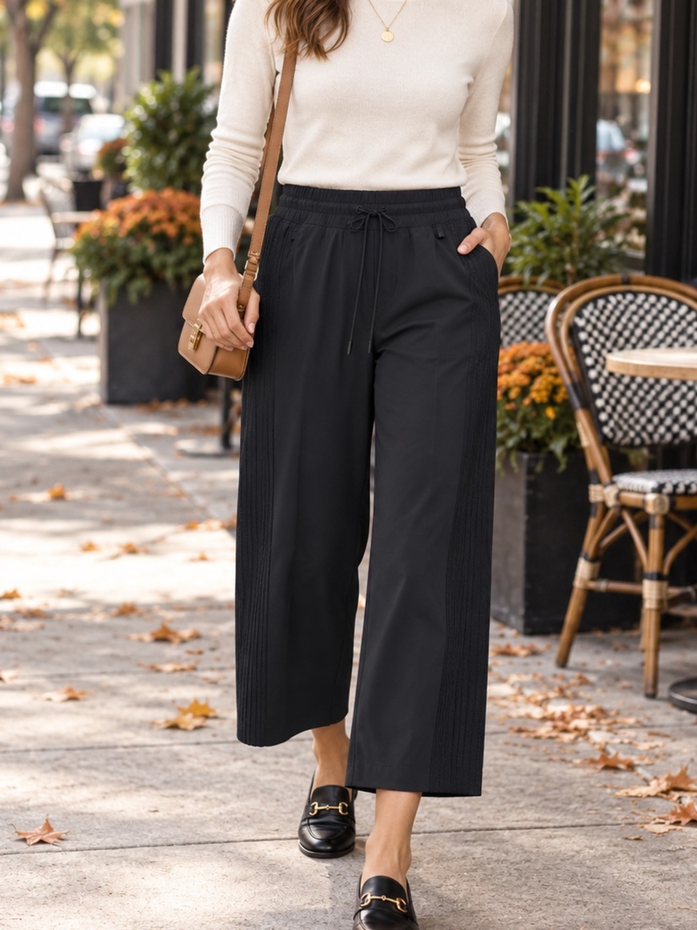 Athleta Avenue Wide Leg Crop Pants Black Size 0 Drawstring Pockets